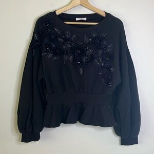 Parker Floral Applique Peplum Sweatshirt‎ in Black size medium